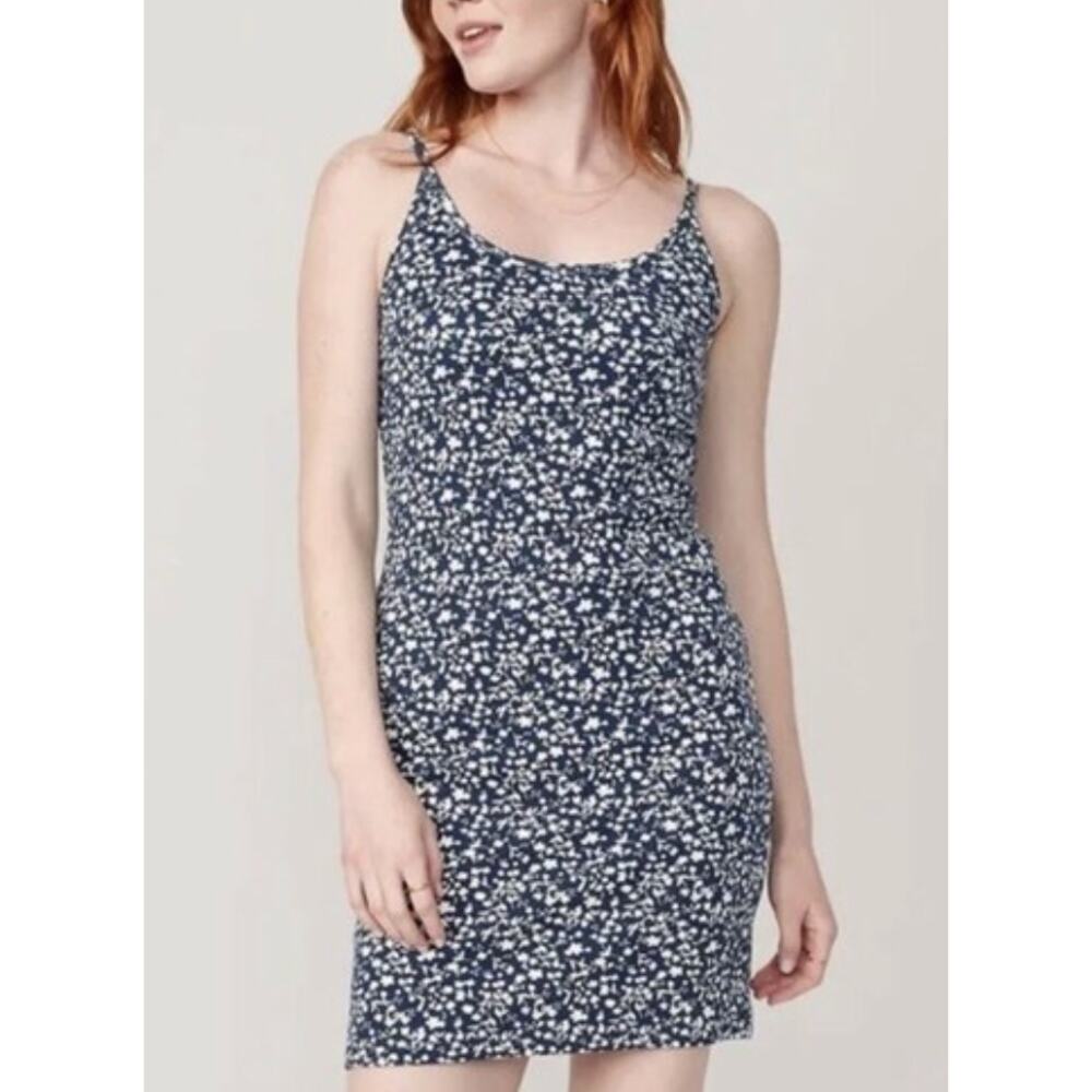 Old Navy Medium Rib Knit Mini Dress Blue White Ditsy Flowers